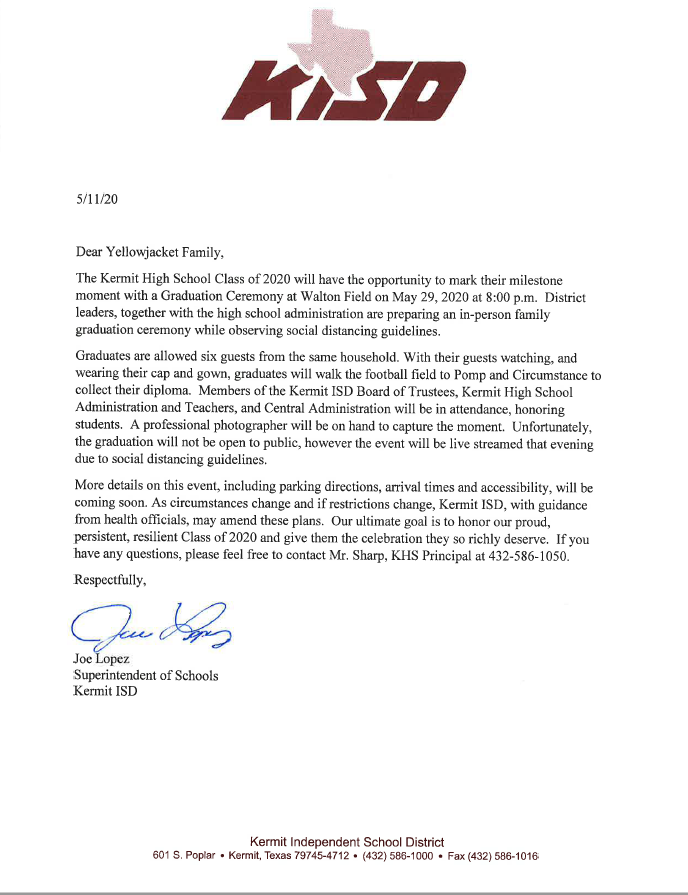 Kermit ISD Letter of Update of KHS 2020 Graduation